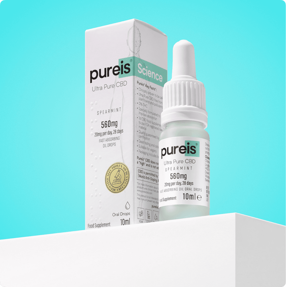 Upright bottle of Pureis Ultra Pure CBD fast-absorbing oil drops, spearmint flavour; shop now.